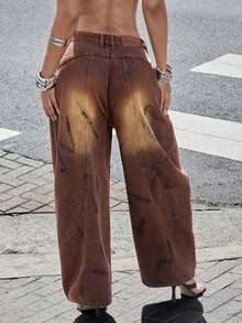 Jeans de denim lavado con piernas anchas y barril, moda urbana - Marrón - Ver 6