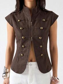 Chaqueta de mujer con cuello Mao estilo retro, adecuada para ir al trabajo - Marrón - Ver 7