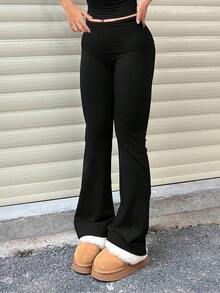 Pantalones Casuales de Mujer de Color Sólido, Cintura Ancha, Corte Ajustado, Plisados, para Primavera - Negro - Ver 4