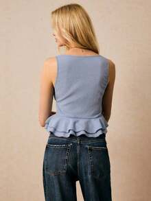 Blusa de mujer de unicolor con escote en V, sin mangas, con nudo delantero y volantes en el bajo para el verano - Celeste - Ver 7