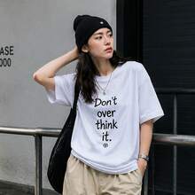 Envío local:Playera Blanca para Mujer con Frase "Don't over think it.", Camiseta Básica Manga Corta Cuello Redondo Cómoda para Verano, Estilo Casual Chic - Blanco - Ver 6