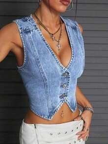Tall Chaleco sin mangas de mezclilla lavada para mujer - Azul lavado medio - Ver 6