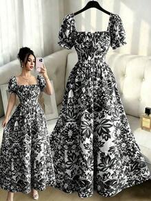Nuevo Vestido Largo Elegante de Mujer con Mangas de Globo de Estampado Digital, Nudo Delantero, Recorte Trasero en la Cintura, Favorecedory Encantador para Vacaciones y Citas Nocturnas - Blanco y Negro - Ver 1