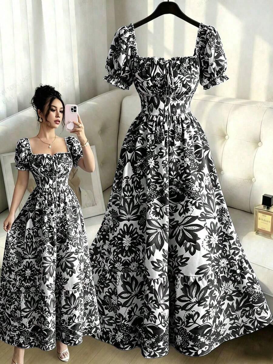 Nuevo Vestido Largo Elegante de Mujer con Mangas de Globo de Estampado Digital, Nudo Delantero, Recorte Trasero en la Cintura, Favorecedory Encantador para Vacaciones y Citas Nocturnas - Blanco y Negro - Ver 1