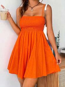 Vestido De Tirantes Con Pliegues Sólidos Para Mujeres - Naranja - Ver 4