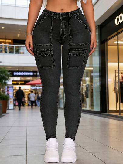 Pantalones Vaqueros Ajustados con Elastano para Mujer con Múltiples Bolsillos, Jeans elásticos lavados negros para todos los partidos