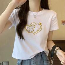 Camiseta de manga corta de algodón puro para mujer, nuevo estilo de verano, top corto blanco de cuello redondo y corte ajustado, versátil para figuras pequeñas, totalmente de algodón. OLST - Corto de talle alto - corazón rosa - Ver 9