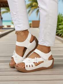 Women's Color Block Platform Sandals, Casual Open Toe Thick Bottom Flat Shoes, Comfortable Beach Slippers - White - View 6
