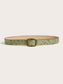 1pc Women's Retro Buckle Rivet Belt, Classic PU Waist Belt, Fashion Accessory, Suitable For Pants, Dresses, Daily Wear, Parties, Gatherings - Green - View 2