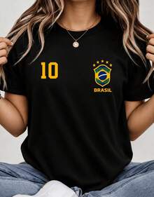 Women's Black Cotton T-Shirt, Regular Fit, Brazil Graphic Print, Short Sleeves And Crew Neck. - màu đen - Xem 1