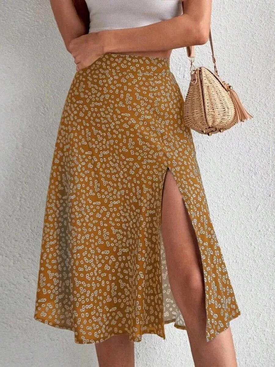 Primavera y novedad de verano falda acampanada dividida con cremallera floral versátil para mujer - Amarillo - Ver 1