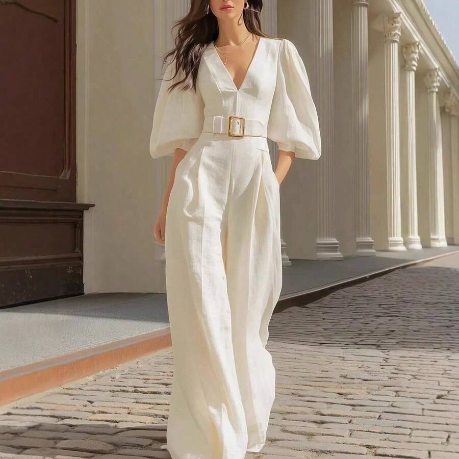 Mono de moda para mujer con diseño de cuello en V mangas medianas cinturón ajustable y bolsillos prácticos estilo elegante - Blanco - Ver 1