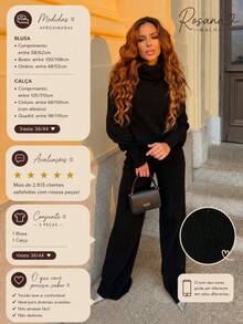 Women's Stylish Cropped Mousse Knit Set With High Neck And Ribbed Wide-Leg Pants - Exclusive - Blend - View 3