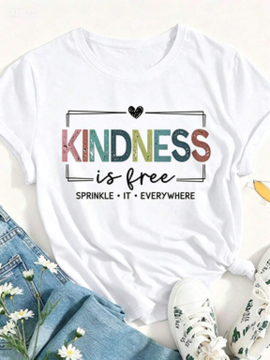 Playera para Mujer con Frase "Kindness Is Free", 100% Algodón, Manga Corta Casual, Estampado Retro Multicolor, Frase Inspiradora, Ideal para el Verano y el Uso Diario - Blanco - Ver 1