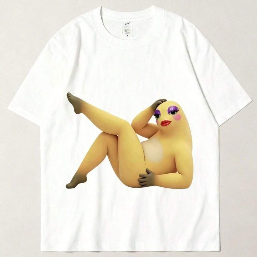 Camiseta divertida con gráfico de rana-dinosaurio color crema, nueva y popular en internet, de manga corta, corte holgado, sin formación de bolitas. - Blanco - Ver 1