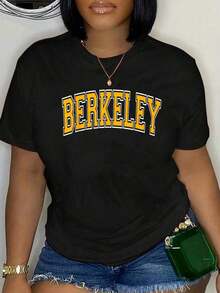 100 Cotton Berkeley California CA Varsity Style Amber Text T-Shirt Unisex Classic Comfort Tee Tops Oversized Crew Neck T - 黑色 - 查看 1