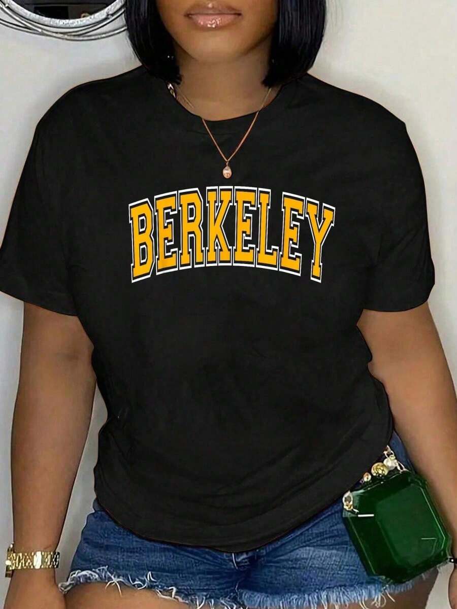 100 Cotton Berkeley California CA Varsity Style Amber Text T-Shirt Unisex Classic Comfort Tee Tops Oversized Crew Neck T - 黑色 - 查看 1