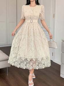Vestido elegante de encaje de alta calidad con cintura ajustable, bordado, de estilo coreano suave y elegante - Albaricoque - Ver 2