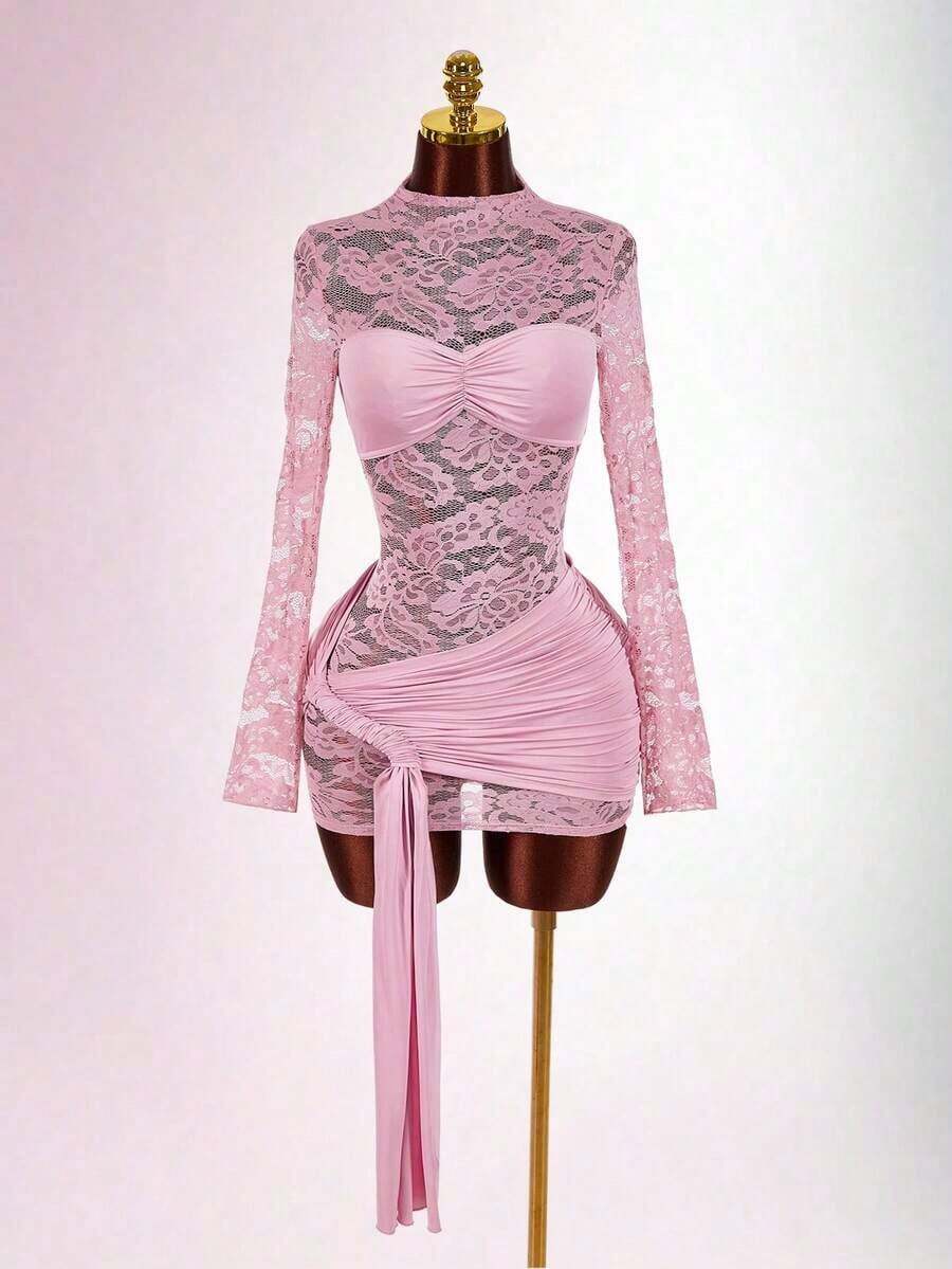 Blusa de encaje para mujer con vestido mini ajustado de tul rojo vintage con cordón en el bajo, estilo bohemio para fiesta - Rosa - Ver 1