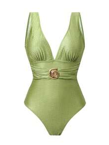 Swim Oasis Set de 2 piezas que incluye 1 traje de baño entero de un solo color y 1 falda larga de malla para playa, verano y vacaciones - Verde 2 - Ver 3