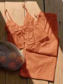 2 piezas de top de tirantes y pantalones de lino de verano para mujeres - Naranja Quemada - Ver 8