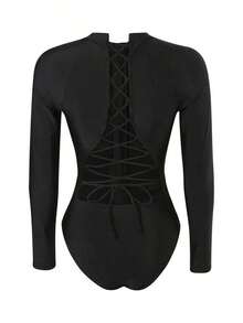 Swim SPRTY 1 pieza Traje de baño de una pieza con mangas largas y tiras cruzadas sexy para mujeres, protector solar negro tipo rash guard para playa - Negro - Ver 7