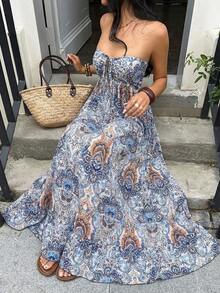 Vestido sin mangas con pliegues y estampado total, casual y minimalista para mujer - Azul y blanco - Ver 3