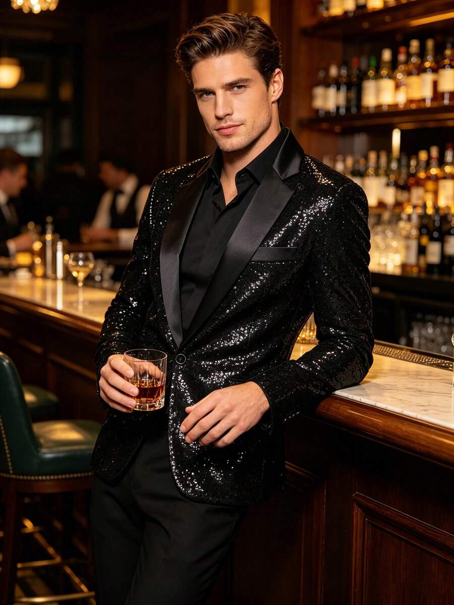 Sequin Suit Jacket For Men, Suitable For Bar, Nightclub, Stage Performance Tuxedo Blazer - Black - View 1