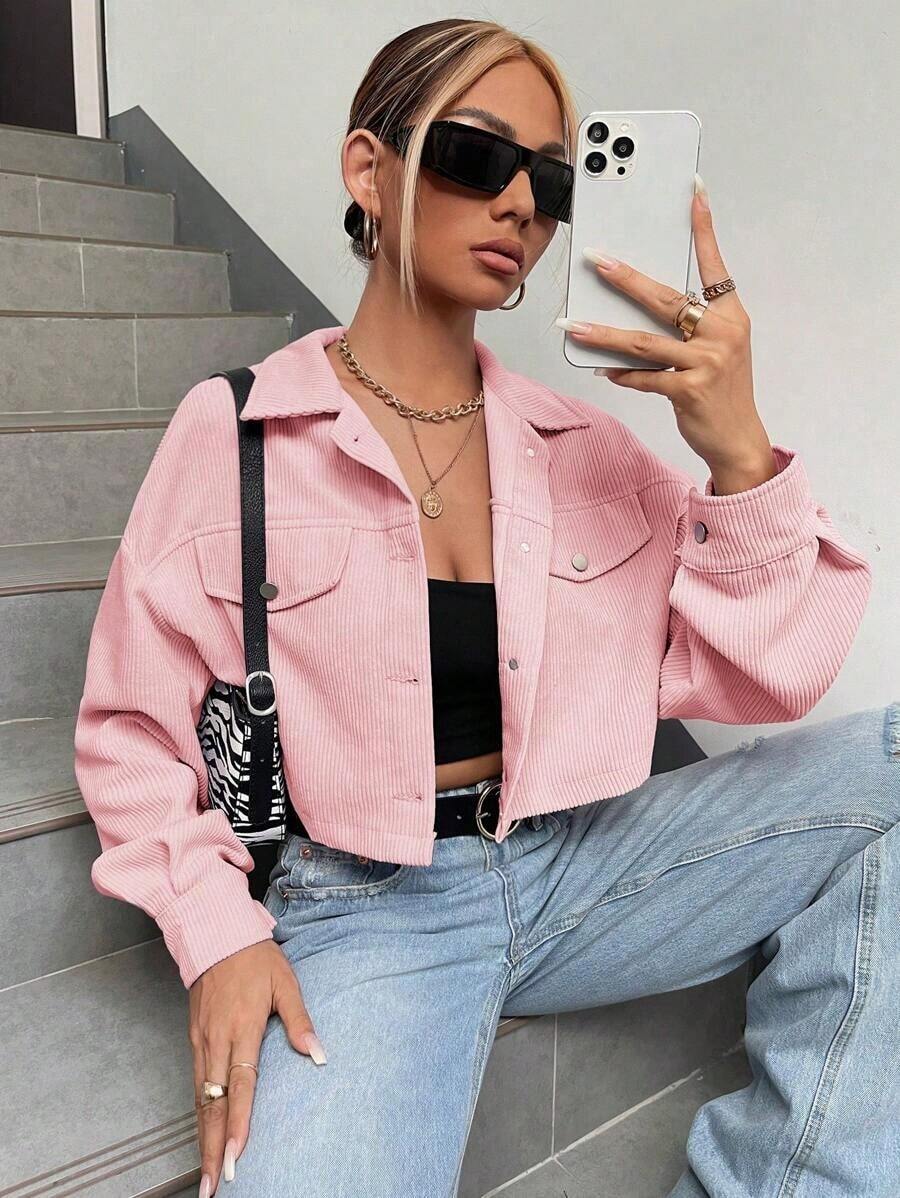 Chaqueta corta de pana con detalle de solapa en el hombro para otoño/invierno - Rosa Pálido - Ver 1