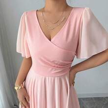 Elenzya Ruffled Sleeve Waist Cinched V-Neck A-Line Minimalist Elegant Romantic Sophisticated Women Dress - Azul Marino - Ver 6