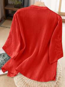 Blusa de lino holgada, informal, con bordado asimétrico de unicolor para primavera y verano para mujer - Rojo - Ver 2