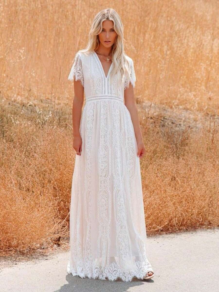 Vestido largo de gasa escote profundo elegante para otoño invierno - Blanco - Ver 1