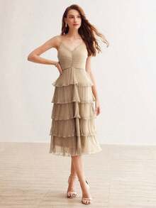 PREMIUM Vestido Lencero Con Dobladillo Con Volantes Y Capas Plisadas - Caqui - Ver 6