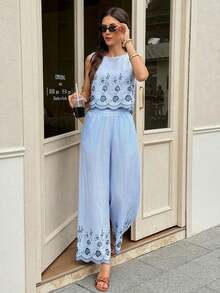 Frenchy Conjunto de 2 piezas de top sin mangas de cuello redondo a cuadros y pantalones para mujer - Azul - Ver 7