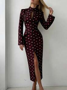 Vestido midi lunares primavera 2026, con botones, abertura y corte ajustado - Morado - Ver 2