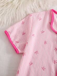 Coquette Pink Bow Striped Pajamas | Short Sleeve Open-Front Top & Long Pants, Bubble Crinkle Breathable Sleepwear For Girls - Pink - View 6