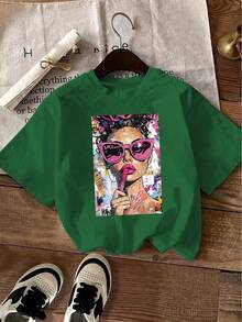 Camiseta manga corta cuello redondo 100% algodón, estampado trendy, tejido ligero y ventilado, estilo moda casual, apta para vida diaria, salidas informales y citas en primavera, verano y otoño - Verde - Ver 6