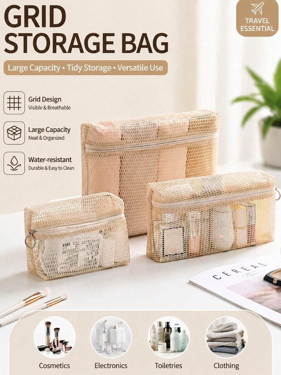 1 túi đựng mỹ phẩm lưới trong suốt, túi đựng đồ trang điểm du lịch di động, túi đựng cáp dữ liệu đa chức năng, túi đựng đồ lót và tất, túi đựng đồ dùng cá nhân hàng ngày có khóa kéo. - Nhiều màu - Xem 1