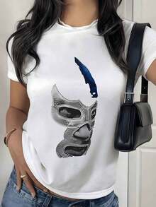 Fashion Printed T‑Shirts for Women, Oversized Streetwear Tops, Comfortable and Stylish All‑Match Summer TeesMáscara plateada de lucha libre mexicana con detes azules que simbolizan fuerza y valentía camiseta para mujer algodón cómoda y moderna para uso diario - Blanco - Ver 5