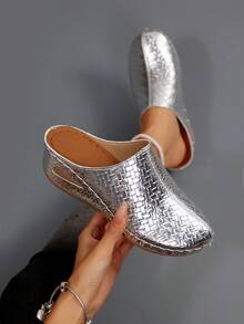 Elegant Fashion Women's New Platform Slip-On Mules, Comfortable Soft Sole Suitable For Spring/Autumn, Home, Walking, Commuting - Silver - View 5