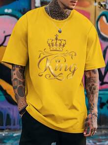Men's Crew Neck T-Shirt, 100% Cotton, Graphic Print, Breathable And Lightweight Fabric, Machine Washable, Casual Style Ideal For Everyday Wear, Outings And Dates All Year Round - 黃色 - 查看 3