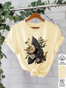 Camiseta de manga corta estampada para mujer - Diseño verde y dorado, cuello redondo, estilo casual, transpirable, ideal para primavera y verano, lavable a máquina, corte regular, textura suave. - Negro - Ver 8
