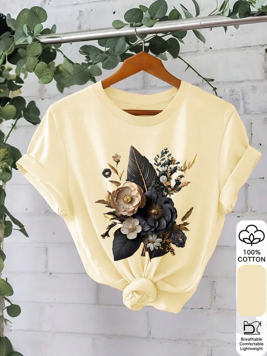 Women's Custom Printed Short Sleeve T-Shirt - Green And Gold Design, Round Neck, Casual Style, Breathable For Spring And Summer, Machine Washable, Regular Fit, Soft Texture - Unisex Loose Fit Cotton Short Sleeve Round Neck T-Shirt, Urban Vintage Style. - 杏色 - 查看 1