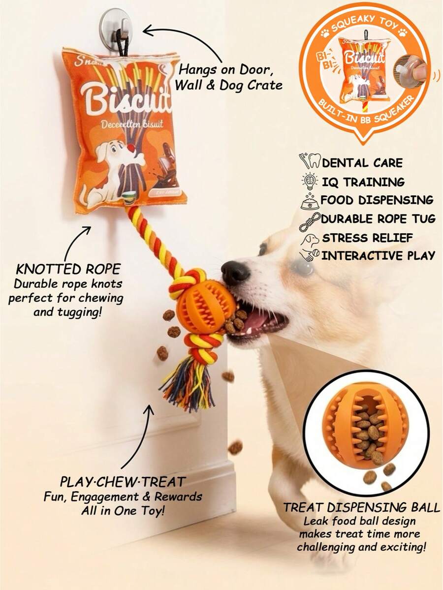 1pc Pet Chew Toy With Sound, Built-In Sound Device Activated By Biting Or Pressing, Hollow Design For Filling Treats To Extend Play Time, Rope Knot Design Helps Massage Gums And Clean Teeth