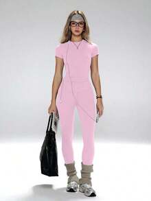 Conjunto de yoga para mujer, pantalones deportivos de cintura alta, conjunto deportivo moldeador de 2 piezas, conjunto de yoga con control de abdomen, camiseta de cuello redondo ajustada emparejada con pantalones de yoga de cintura alta, conjunto esen - Rosa - Ver 8