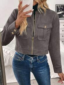 Chaqueta corta de carga de mujer con botones metálicos decorados, cálida y gruesa, adecuada para otoño/invierno - Gris - Ver 3