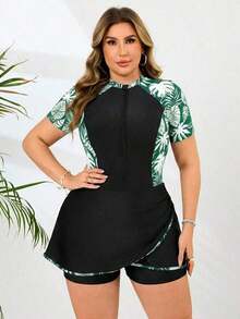 Swim  Traje de baño de una pieza con estampado de hojas para mujer de talla grande, estilo casual de vacaciones - Verde - Ver 3