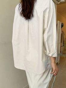 Camisa de manga larga con bolsillo y hombros caídos a rayas verticales, ropa de otoño - Caqui - Ver 3