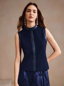 Blusa sin mangas de cuello alto elegante y casual para mujer, adecuada para otoño/invierno, Año Nuevo - Azul marino - Ver 8