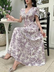 Vestido de mujer de ajuste ceñido con cuello cruzado, botones de perlas y mangas abullonadas - Morado 2 - Ver 3
